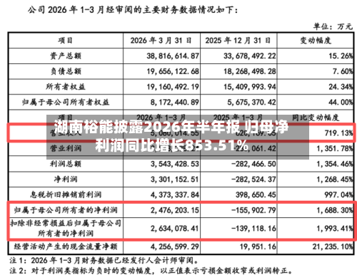 湖南裕能披露2026年半年报 归母净利润同比增长853.51%-第1张图片