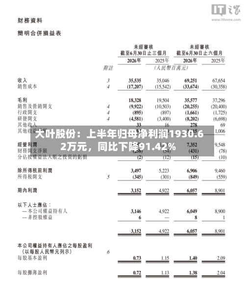大叶股份：上半年归母净利润1930.62万元，同比下降91.42%-第1张图片